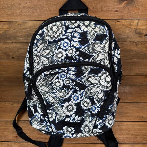 Vera Bradley Snow Lotus Blue Black and White Hadley Quilted BackPack - Picture 1 of 13